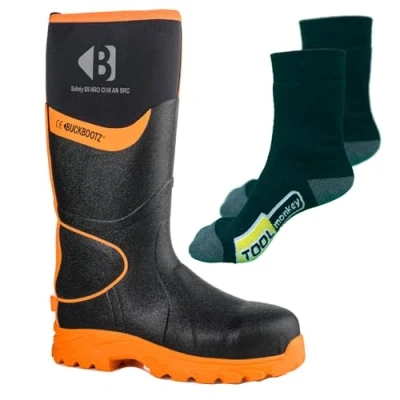 Image of Buckler Buckbootz BBZ8000 Hi Visibility Neoprene Safety Wellington Boots with TM Boot Socks (Orange/Black, UK Footwear Size System, Adult, Men, Numeric, Medium, 8)