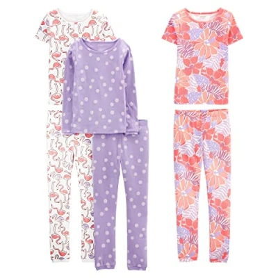 Image of Simple Joys by Carter&#039;s Girl&#039;s 6 Piece Snug Fit Cotton Pajama Set, Lilac Dots/White Flamingo/Floral, 2 Years (Pack of 3)