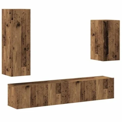 Image of vidaXL 4 piece tv cabinet set wall mounted old wood color engineered console ample storage modern design, ideal for living room or lounge includes various measurements