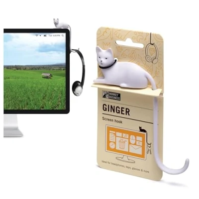 Image of Monkey Business Ginger The Cat Tail Hook for Computer Screen, Tight Spaces, Hang Keys, Accessories in Easy Reach (White)