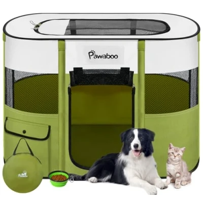 Image of Pawaboo Portable Pet Playpen, Foldble Dog Play Tent Kennel Crate with Waterproof Oxford, Cat Playpen Travel Bag Folding Bowl for Puppy and Rabbit, Indoor Outdoor Use, Green M