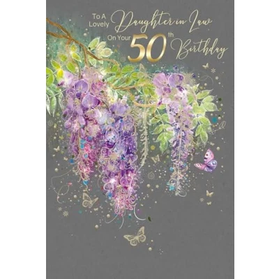 Image of Cherry Orchard Exquisute Daughter in Law 50th Birthday Card, from Gorgeous Grace range. Comes complete with luxury gold envelope