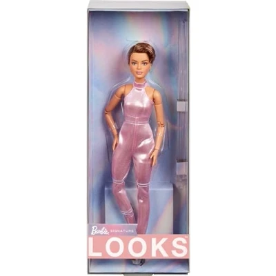 Image of Barbie Looks Doll, Collectible No. 22 with Pixie Cut and Modern Y2K Fashion, Sequined Pink Halter Jumpsuit Silver Heels, HRM14