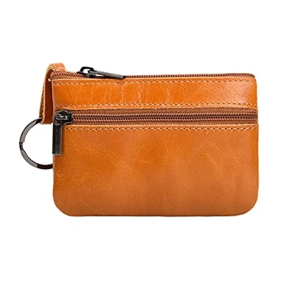 Image of Hibate Women Mini Coin Purse Wallet Genuine Leather Zipper Pouch with Key Ring Yellow