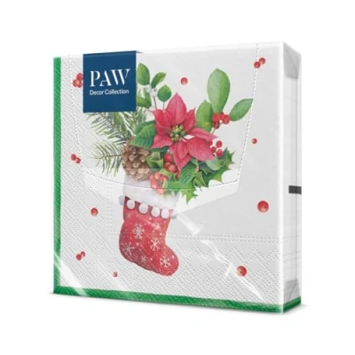Image of PAW Napkins 3 Ply (33 x 33 cm) I 20 pcs Perfect for Christmas, Winter, Holidays Christmas Eve Table Decoration Winter Paper Sock with Poinsettia