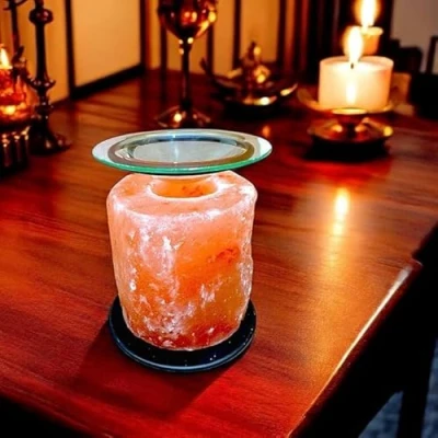 Image of Pro Home Himalayan Salt Lamp Oil Burner With Metal Stand Natural Pink Crystal Rock Wax Melt Candle Fragrance Warmer Glass Dish (Black Stand)
