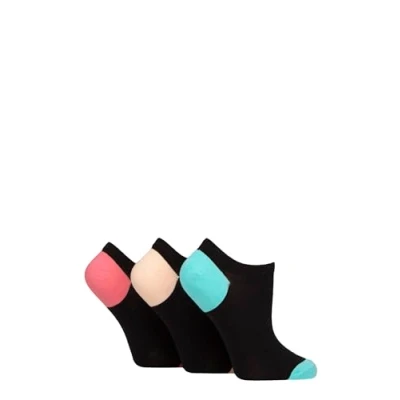 Image of Women&#039;s 3 Pair Pringle Plain and Patterned Cotton Trainer Socks Black Turquoise / Peach 4 8