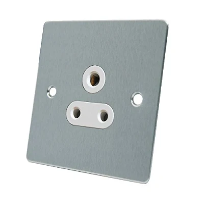 Image of AET FSC5ASOCWH Satin Chrome Flat White Insert 5 Amp 1 Gang Round Pin Unswitched Plug Socket, 240 V