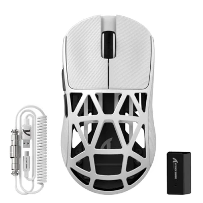 Image of ATTACK SHARK R2PRO 45g SUPERLIGHT Magnesium Alloy Mouse, PixArt PAW3950 Sensor, 42000DPI, 8000Hz Wireless Polling Rate, 2.4G/BT/Wired Gaming Programmable Mice with Coiled Cable, PC/Mac, White