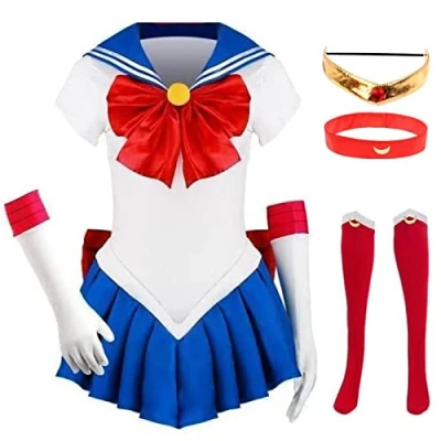 Image of HSJZBQSM Sailor Costume Moon Cosplay Outfits Adult Kids Tsukino Usagi JK Uniform Dress Wig Set (Suit(kid), 150)
