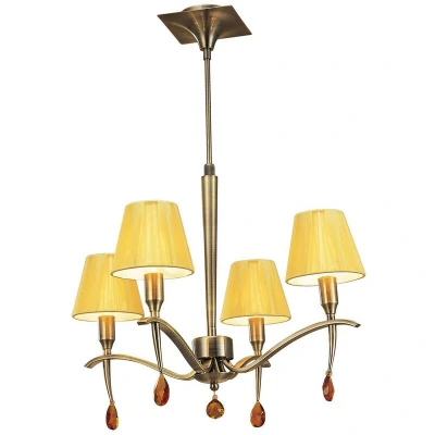 Image of Siena Pendant Round 4 Light E14, Antique Brass With Amber Cream Shades And Crystal