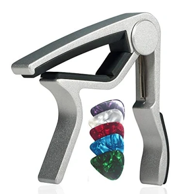 Image of WINGO Guitar Capo for 6 String Acoustic Electric Steel Guitars,Ukulele with 5 Picks Silver