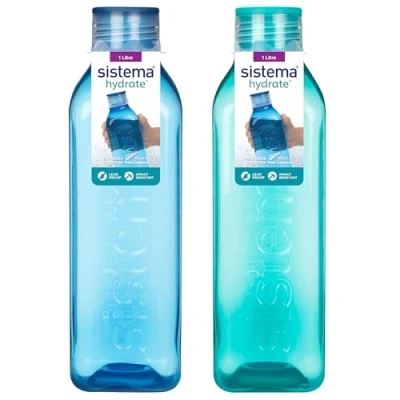 Image of Sistema Square Water Bottles 1L Leakproof Kids BPA Free Ocean Blue &amp; Minty Teal 2 Count