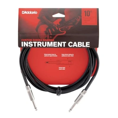 Image of D’Addario Accessories Custom Series Braided Guitar Cable Instrument with Nickel Plated ¼ Inch Ends Protects Cord Against Cuts, Kinking 10 feet Black