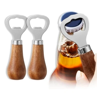 Image of 2Pcs Beer Openers, Bottle Wooden Handle Opener, Stainless Steel Flat Handheld Soda Glass Cap for Kitchen Bar Restaurant.