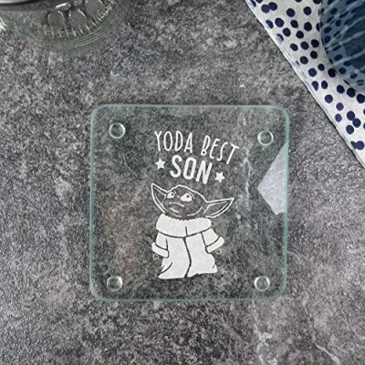 Image of eBuyGB Personalised Square Glass Coaster, Engraved Baby Yoda Star Wars Themed Drinks Mat, Funny Gifts for Son from Mum &amp; Dad (Yoda Best Son)