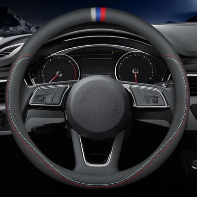 Image of Carodi Latest Nappa Leather car Steering Wheel Cover, Stylish Non Slip Interior 15 inches Universal Black(red and Blue Signs)