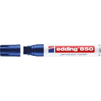 Image of edding 850 permanent marker blue 5 pens chisel tip 15 mm for bold markings waterproof, quick drying, smear proof cardboard, plastic, glass, wood, metal and fabric