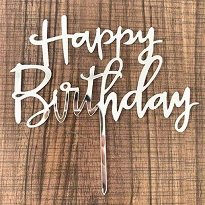 Image of Rose Gold Black Silver Glittery Happy Birthday Cake Topper for Party Decorations, Decorations Supplies (Silver)