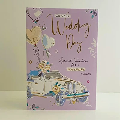 Image of Jonny Javelin On Your Wedding Day Card Vintage Car Flowers Balloons