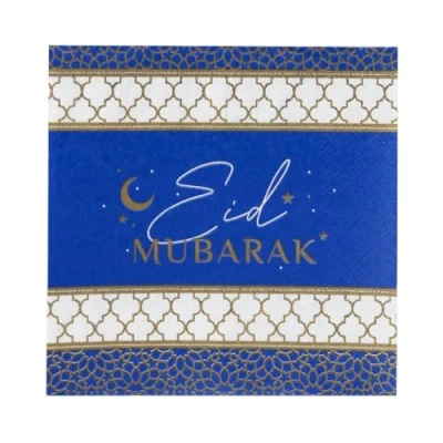 Image of Talking Tables 20 x Blue &amp; Gold Eid Napkins Recyclable Disposable Paper Serviettes, Table Party Decorations for Festival Feast No Plastic