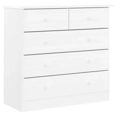 Image of vidaXL Solid Pine Wood Chest of Drawers ALTA Range White Cabinet with 5 in Varying Sizes Easy Maintenance and Assembly, Elegant Wooden Knobs Ideal for Living room, Bedroom, ...