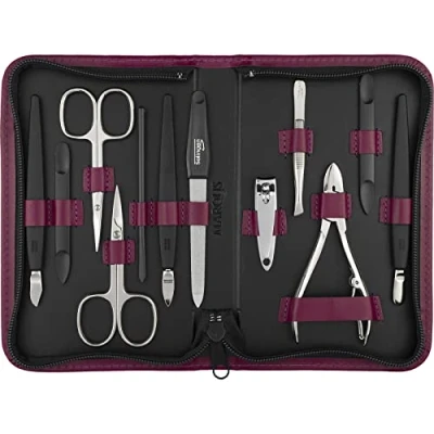 Image of Manicure set 12 Piece professional pedicure tools German Made nail kit Grooming Genuine leather case Ideal travel Incl. cutter Fuchsia