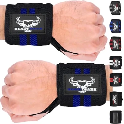 Image of BEAST RAGE Weight Lifting Straps Wrist Wraps Fitness Padded Cotton Support Gel Advanced Grips Dumbbell Bar Heavy Duty Gym Bodybuilding Power Deadlift Barbells (‎Black Blue Wraps)