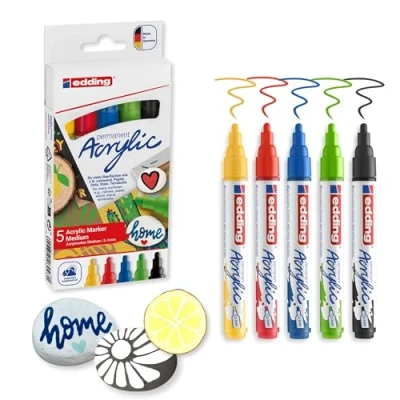 Image of edding 5100 acrylic marker black red blue yellow green paint markers 5 pack (basic) round nib 2 3mm for pebbles, canvas and wood waterproof