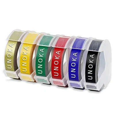 Image of UNOKA Compatible Dymo Embossing Tape Replacement for Omega Label S0717930 Junior S0717900 9mm Black/Blue/Red/Green Yellow/Gold, Maker E 101 303, 6 Pack
