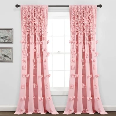 Image of Lush Decor Riley Window Curtain Sheer Ruffled Textured Bow Panel for Living, Dining Room, Bedroom (Single), 54&quot; W x 84&quot; L, Pink