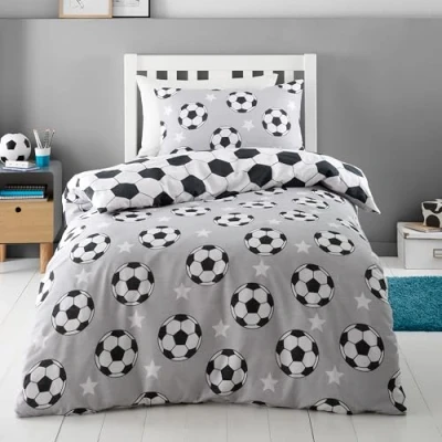 Image of Catherine Lansfield Brushed Cotton Football Stars Reversible Single Duvet Cover Set with Pillowcase Grey