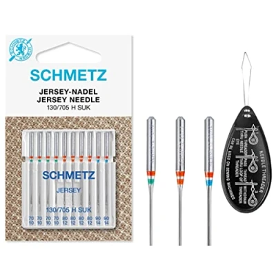 Image of Sewing Machine Needles Schmetz Jersey (Ball Point), Pack of 10, Assorted Sizes 70/10, 80/12 &amp; 90/14 (Single Packet) Includes Large Needle Threader