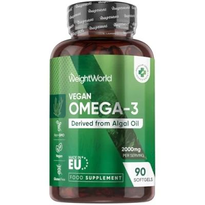 Image of Vegan Omega 3 Capsules (Softgels) 2000mg per Serving 90 Softgels (45 Days Supply) Algae Oil Derived from Microalgae Schizochytrium High Strength Nutritional Supplements