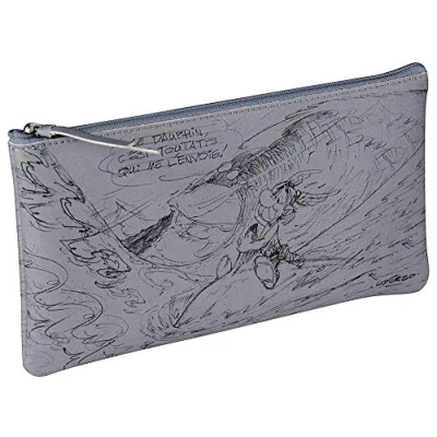 Image of Clairefontaine 813020C A Flat Multifunction Pencil Case Storage for Pencils/Pens/Felt Pens/Brushes &#039;&#039;Astérix Crayonnés&#039;&#039; Pattern &#039;&#039;Toutatis&#039;&#039; Visual Colour Gray 11 x 22 cm