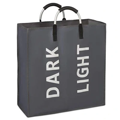 Image of Vinsani Colour Light Dark 2 Sections Laundry Hamper Collapsible Bag Foldable Cloth Basket Portable Storage Bin with Carry Handles for Bathroom Bedroom, Grey