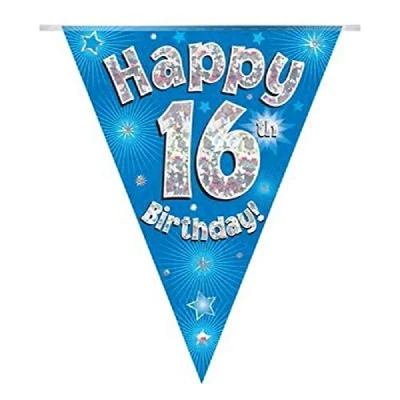 Image of Party Bunting Happy 16th Birthday Blue Holographic 11 flags 3.9m