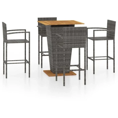 Image of vidaXL 5 Piece Outdoor Bar Set Grey PE Rattan and Powder Coated Steel Frame with Acacia Wood Top Compact Ergonomic Design for Garden, Patio, Terrace