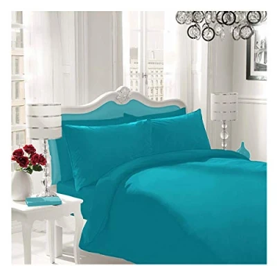 Image of WOT NON IRON Luxury Parcale Plain Dyed Duvet Cover &amp; 2 Pillow Cases Bed Set (Teal, Single)