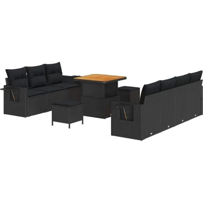 Image of vidaXL 10 Piece Garden Sofa Set with Cushions Black Poly Rattan Acacia