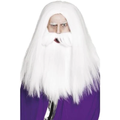 Image of Smiffys Magician Set, White with Wig &amp; Beard, Historical Fancy Dress, Adult Dress Up Wigs