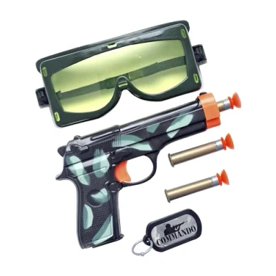 Image of Smiffys Military Set, Black with Gun, Bullets, Goggles and Dog Tag, Leisure Products Fancy Dress, Funtime Dress Up Accessories