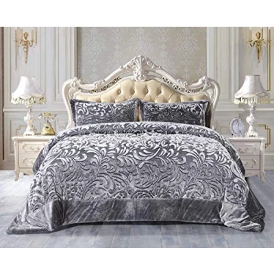 Image of 3 Pcs Quilted Bedspread Teddy Embossed Fleece Velvet Bed Throw with Pillow Shams Bedding Set (Grey, King)