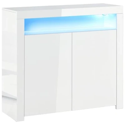 Image of HOMCOM LED Storage Cabinet, Cupboard with High Gloss Front and RGB Lighting, Modern Sideboard for Entryway, Dining Area, Living Room, White