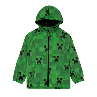 Image of Minecraft Boys Rain Jacket, Gaming Kids Raincoat, Water Resistant Coat, Gamer Green 8 9 Years