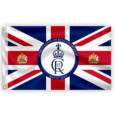 Image of 5x3FT Union Jack Flag New King Charles III Cypher British Monarch Sovereign Coronation Celebration Britain Garden Street Pub Outdoor Decorations
