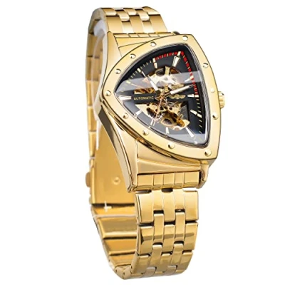 Image of FORSINING Skeleton Watches for Men, Automatic Mechanical Watch with Triangle Dial, Luminous Self Winding Stainless Steel Bracelet or Soft Silicone Strap, Gold T, casual style