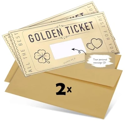 Image of DasWas 2x Golden Ticket Scratch Card Reveal Gift Voucher to Fill in Yourself with off Sticker DIY Surprise &amp; Cards Personalised Sparkling Envelope + Tool