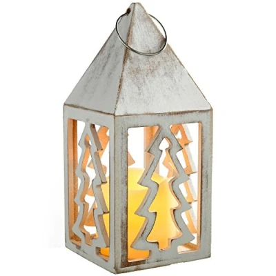 Image of WeRChristmas Pre Lit Tree Lantern Christmas Decoration, Wood, 21.5 cm Antique White