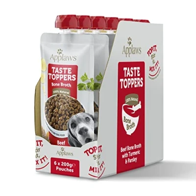 Image of Applaws Taste Toppers 100% Natural Dog Food Topper, Beef Bone Broth for Dry 6 x 200g Pouch